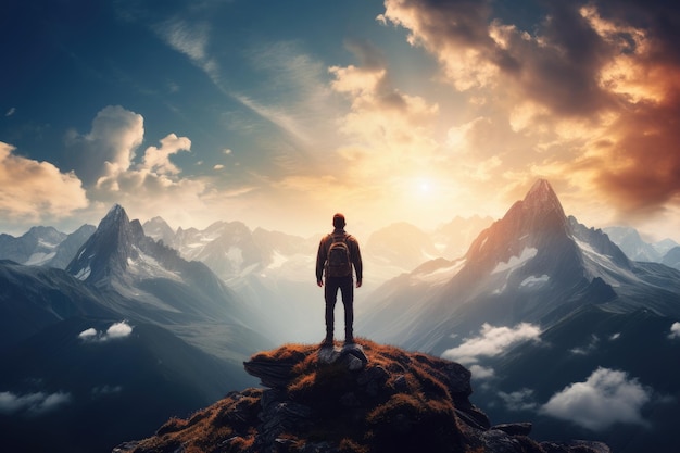 Ein Mann steht auf dem Gipfel eines Berges und schaut auf den Sonnenuntergang Ein einsamer Mann genießt den Blick auf die Sommerberge, während er auf einem Berggipfel steht
