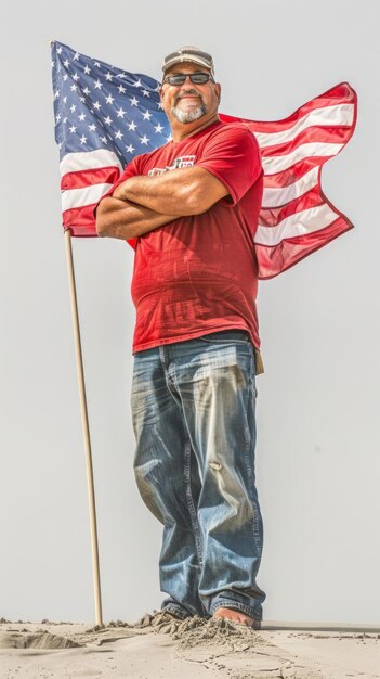 Foto ein mann steht auf dem sandstrand und hält eine flagge