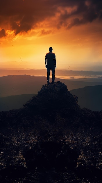 Ein Mann steht auf einem Berg, die Sonne geht hinter ihm unter.