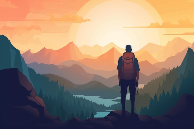 Ein Mann steht auf einem Berg mit Blick auf ein Tal, im Hintergrund ist ein Sonnenuntergang zu sehen.