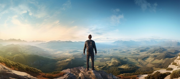 Ein Mann steht auf einem Berg mit Blick auf ein Tal