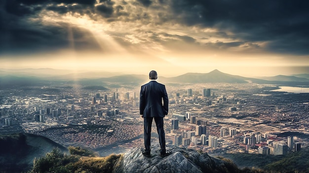 Ein Mann steht auf einem Berg mit der Stadt im Hintergrund