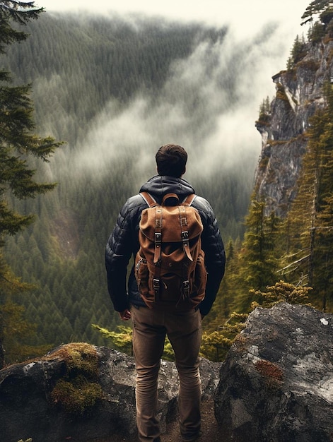 Ein Mann steht auf einem Berg mit einem Rucksack, auf dem „Nein“ steht.