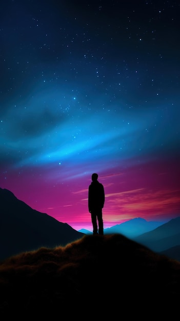 Ein Mann steht auf einem Berg und betrachtet die Sterne