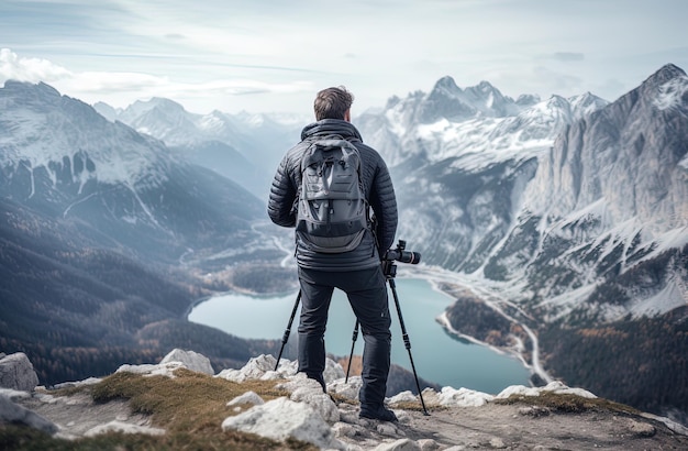 Foto ein mann steht auf einem berggipfel mit bergen im hintergrund