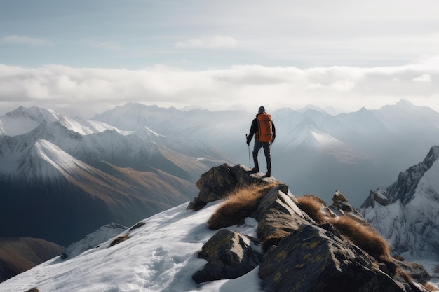 Ein Mann steht auf einem Berggipfel mit den Bergen im Hintergrund.