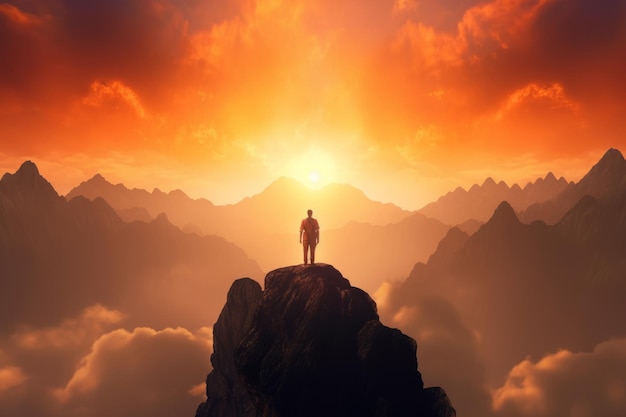 Ein Mann steht auf einem Berggipfel und betrachtet den Sonnenuntergang.