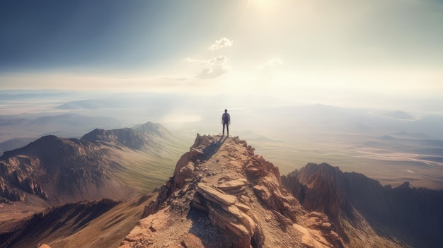 Ein Mann steht auf einem Berggipfel und blickt auf den Horizont.