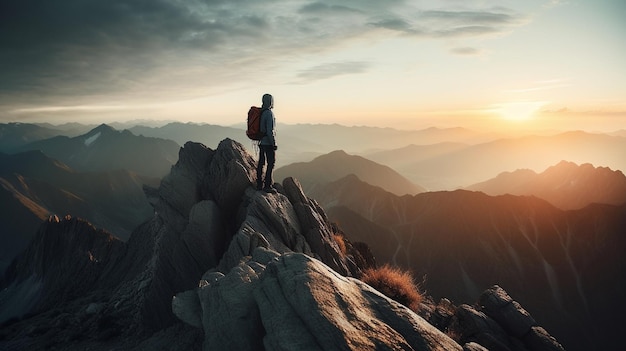 Ein Mann steht auf einem Berggipfel und blickt auf den Sonnenuntergang.