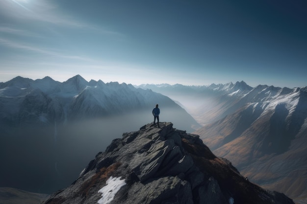 Ein Mann steht auf einem Berggipfel und blickt auf die Berge.