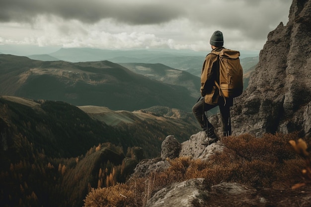 Ein Mann steht auf einem Berggipfel und blickt auf ein Tal.