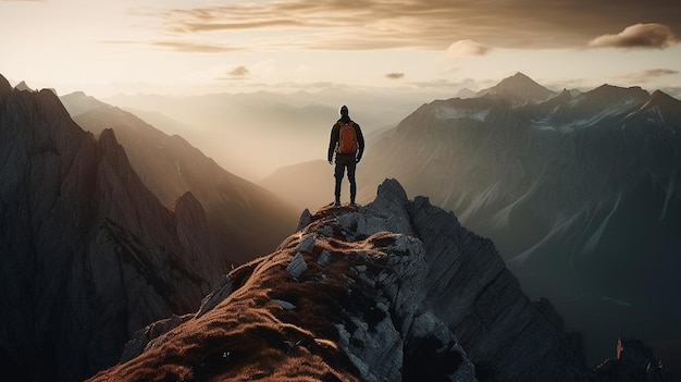 Ein Mann steht auf einem Berggipfel und blickt in den Himmel.