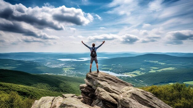 Ein Mann steht auf einem Berggipfel und streckt die Arme in die Luft