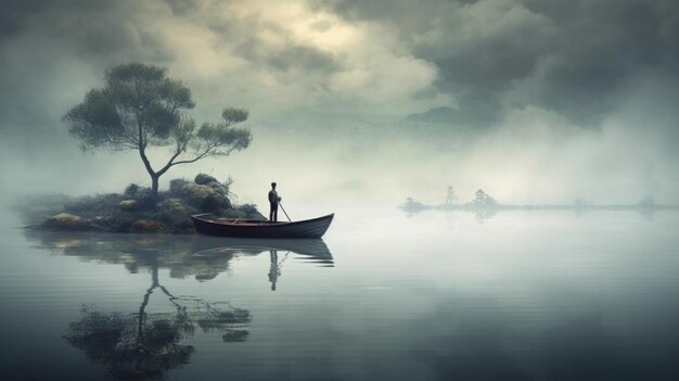 Ein Mann steht auf einem Boot in einem nebligen See.