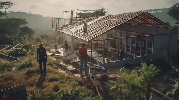 Ein Mann steht auf einem Dach, auf dem steht: „Das Haus wird gebaut“.