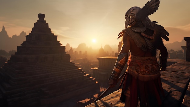 Ein Mann steht auf einem Dach und blickt auf eine Pyramide, während hinter ihm die Sonne untergeht.