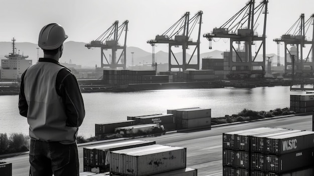 Ein Mann steht auf einem Dock und betrachtet Container mit Schiffscontainern.