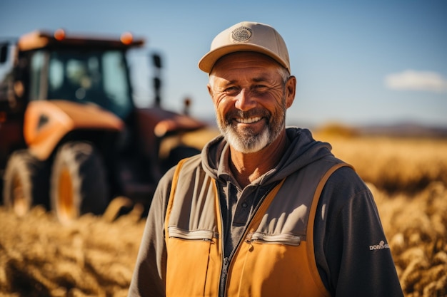 Ein Mann steht auf einem Feld mit einem Traktor hinter sich, ein moderner europäischer Bauer mittleren Alters.