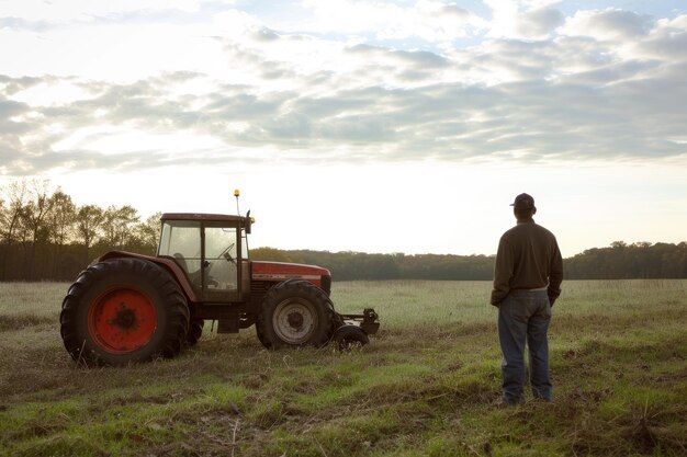 Foto ein mann steht auf einem feld neben einem traktor.