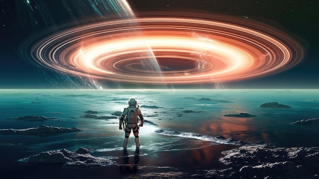 Ein Mann steht auf einem gefrorenen Planeten, umgeben von einem Ring.