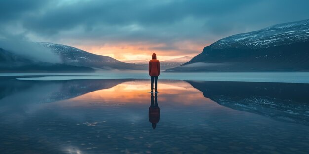 Foto ein mann steht auf einem gefrorenen see mit bergen im hintergrund