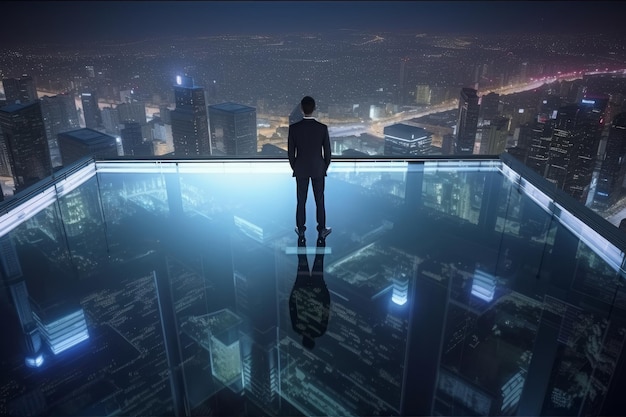 Ein Mann steht auf einem Glasboden mit einer Stadt im Hintergrund Generative KI