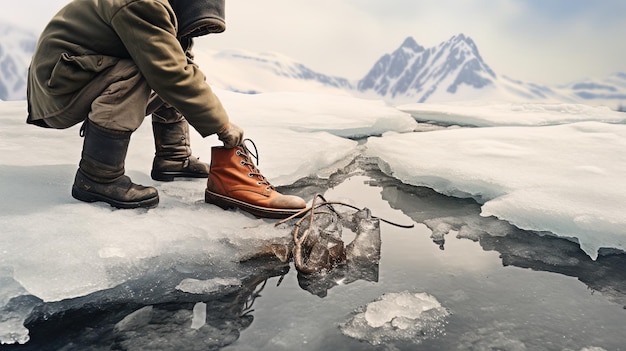 Ein Mann steht auf einem Gletscher, im Wasser spiegeln sich Berge.