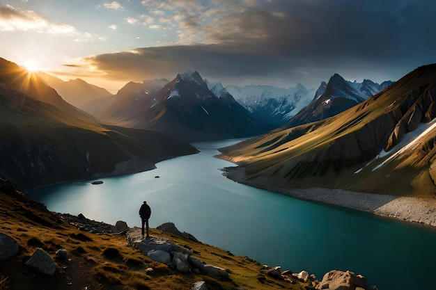 Ein Mann steht auf einem Hügel mit Blick auf einen See und Berge