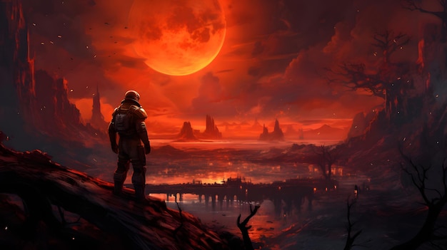 Ein Mann steht auf einem Hügel mit einem roten Mond im Hintergrund, der die Möglichkeit einer Marskolonisierung symbolisiert