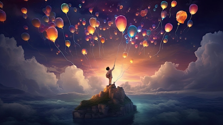 Foto ein mann steht auf einem hügel, über ihm schweben luftballons.