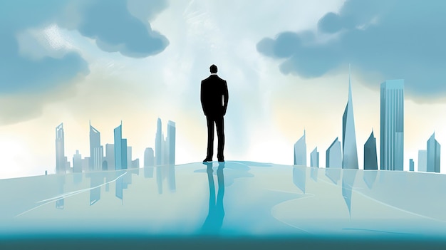 Ein Mann steht auf einem Planeten mit einer Stadt im Hintergrund.