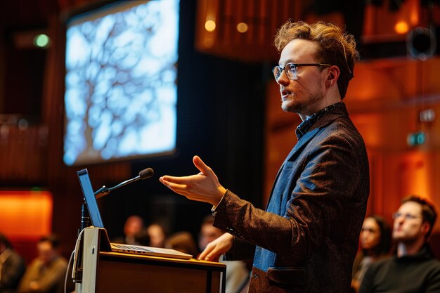 Foto ein mann steht auf einem podium und hält eine rede