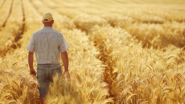 Ein Mann steht auf einem Weizenfeld und hält eine Pflanze. Ein Bild von Landwirtschaft und Gartenarbeit