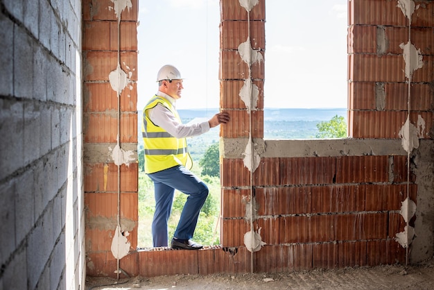 Foto ein mann steht auf einer baustelle