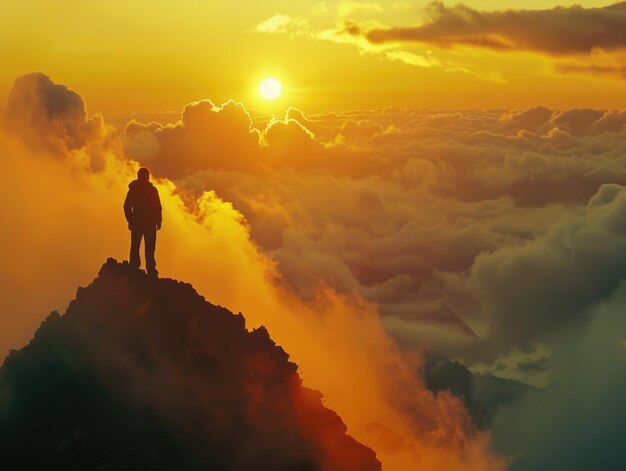 Ein Mann steht auf einer Bergspitze und schaut auf den Sonnenuntergang, der Himmel ist mit Wolken gefüllt und die Sonne geht in der Ferne unter, die Szene ist friedlich und ruhig, wenn der Mann allein auf dem Berg ist.