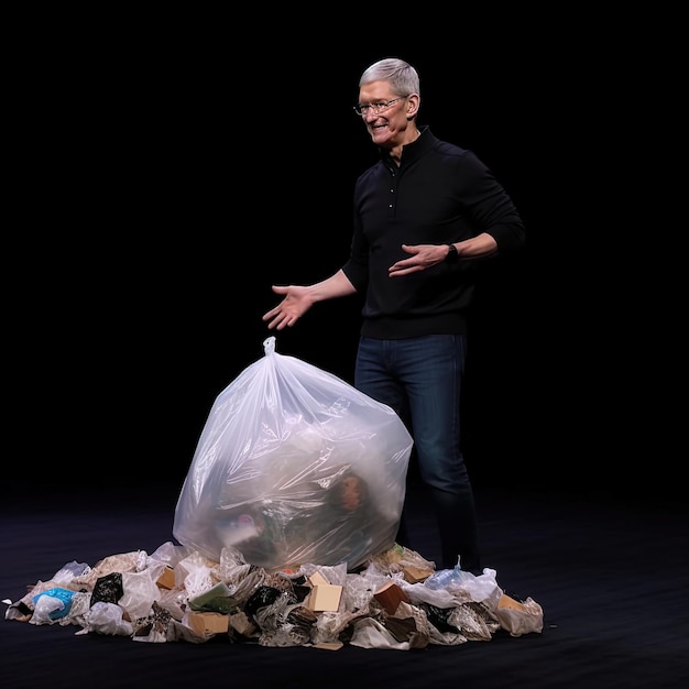 ein Mann steht auf einer Bühne mit einem Sack Steine und einem Sack Müll