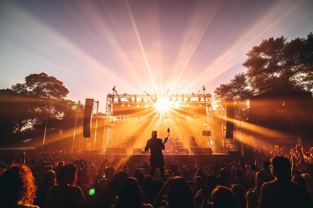 Ein Mann steht auf einer Bühne und wird von einer Menschenmenge auf einem Musikfestival beobachtet.