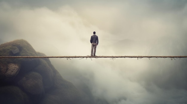 Ein Mann steht auf einer Hängebrücke in den Wolken.