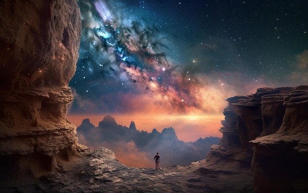 Ein Mann steht auf einer Klippe in einer Galaxie wie der Himmel.