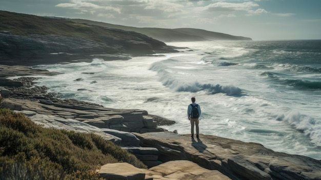 Ein Mann steht auf einer Klippe mit Blick auf das Meer.