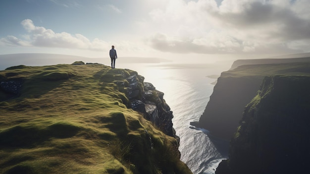 Ein Mann steht auf einer Klippe mit Blick auf das Meer.