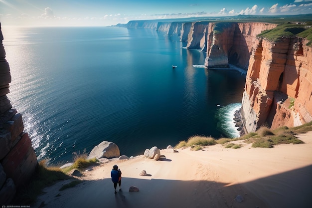 Ein Mann steht auf einer Klippe mit Blick auf das Meer.