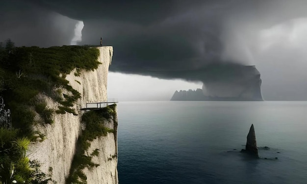 Ein Mann steht auf einer Klippe mit Blick auf den Ozean und ein Sturm nähert sich.