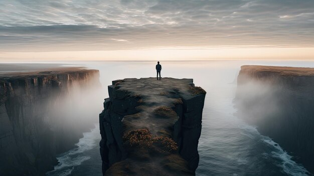 Foto ein mann steht auf einer klippe mit blick auf den ozean.