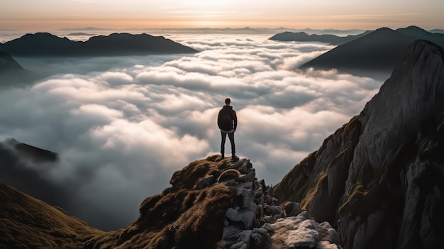 Ein Mann steht auf einer Klippe mit Blick auf ein wolkenverhangenes Tal.