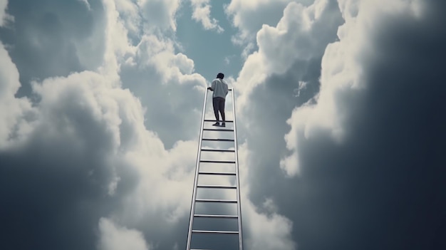 Ein Mann steht auf einer Leiter in den Wolken