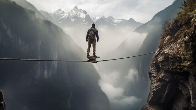 Ein Mann steht auf einer steinernen Klippe über den Wolken Erfolgskonzept