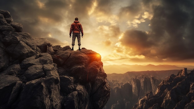 Ein Mann steht auf einer steinernen Klippe über den Wolken Erfolgskonzept