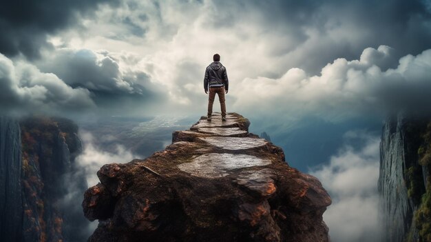 Ein Mann steht auf einer steinernen Klippe über den Wolken Erfolgskonzept