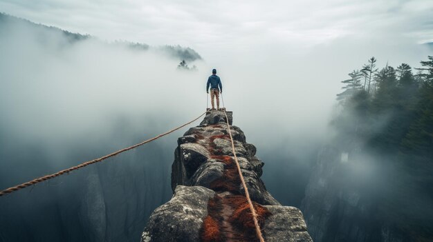 Ein Mann steht auf einer steinernen Klippe über den Wolken Erfolgskonzept